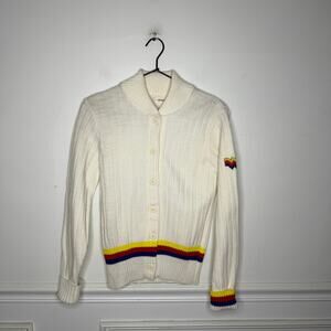Vintage 1960s Bogner x Wonder Woman Cream Knit Cardigan Striped Womens Medium